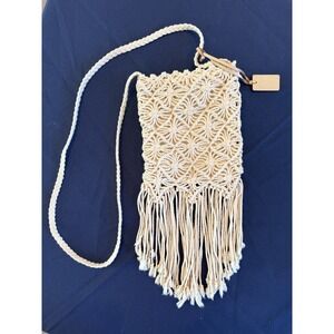 Ralph Lauren Polo Jeans Co. Macrame Crossbody Bag Cream Boho Fringe Purse Y2K